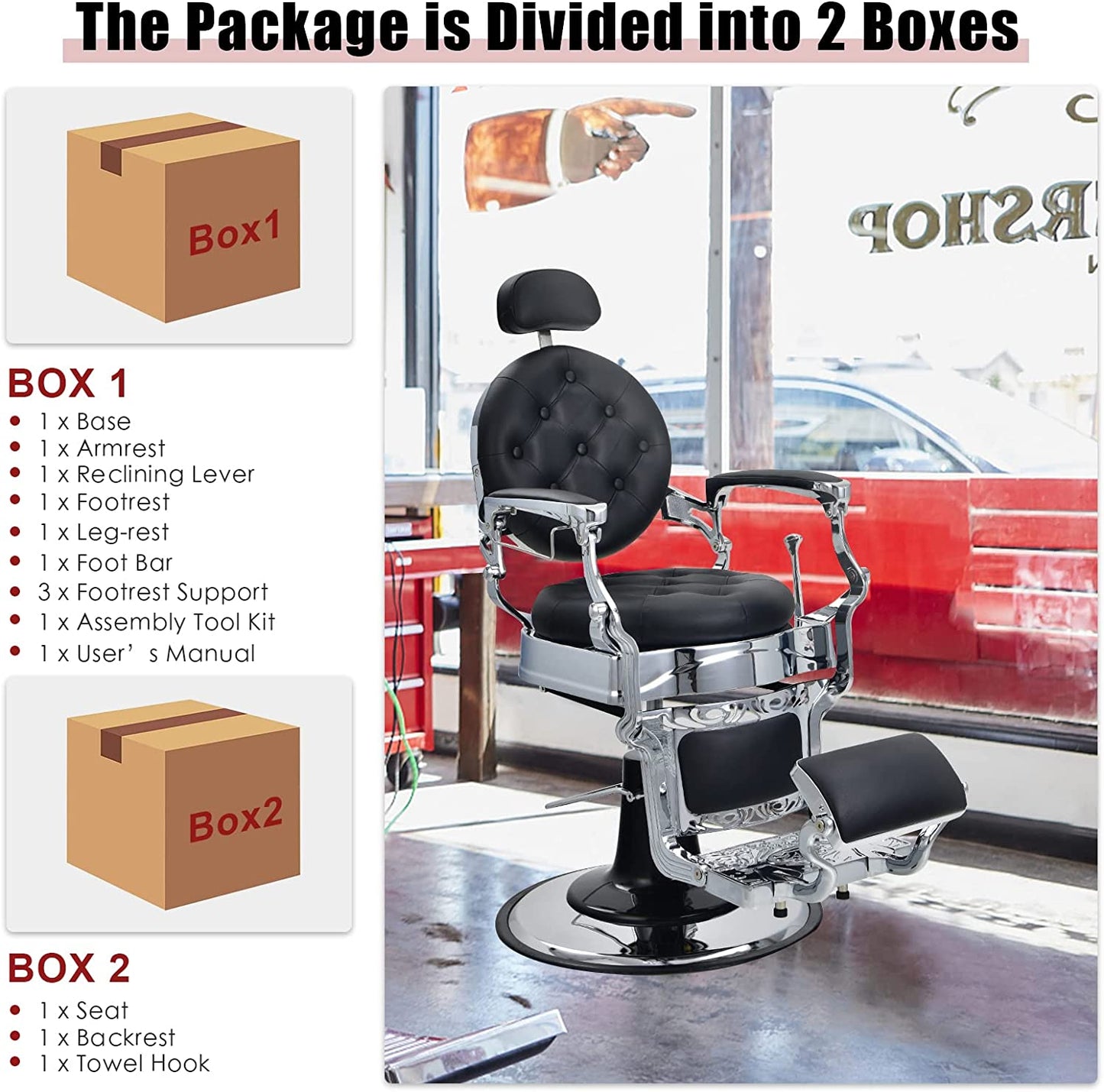 Vintage Barber Chair 360° Swivel Reclining Chair Makeup Hair Salon Chairs with Adjustable Height and Detachable Headrest