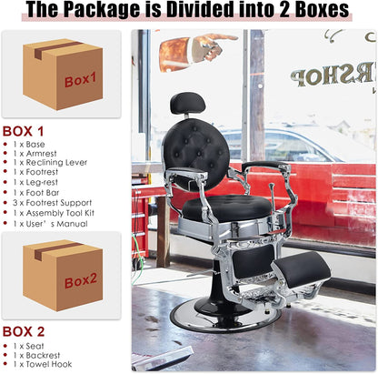 Vintage Barber Chair 360° Swivel Reclining Chair Makeup Hair Salon Chairs with Adjustable Height and Detachable Headrest