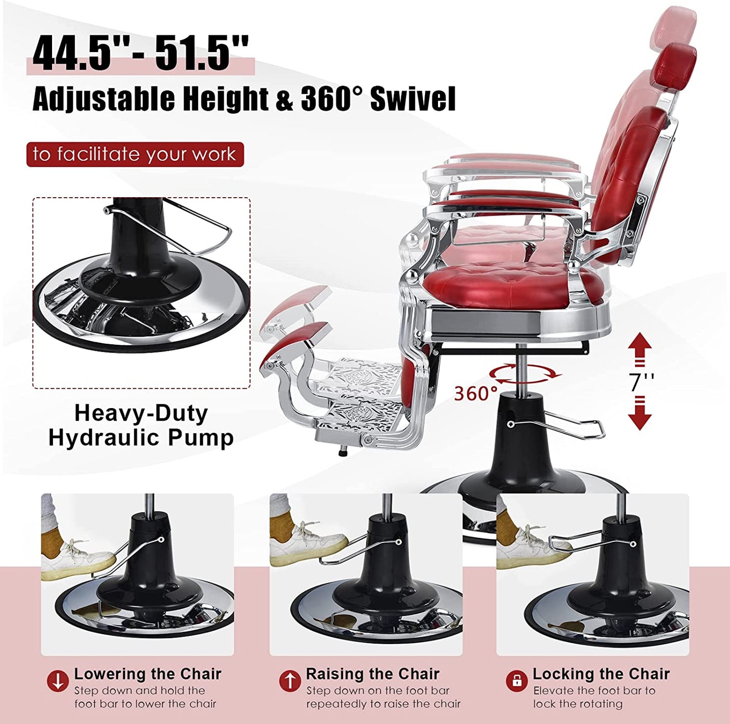 Vintage Barber Chair 360° Swivel Reclining Chair Makeup Hair Salon Chairs with Adjustable Height and Detachable Headrest
