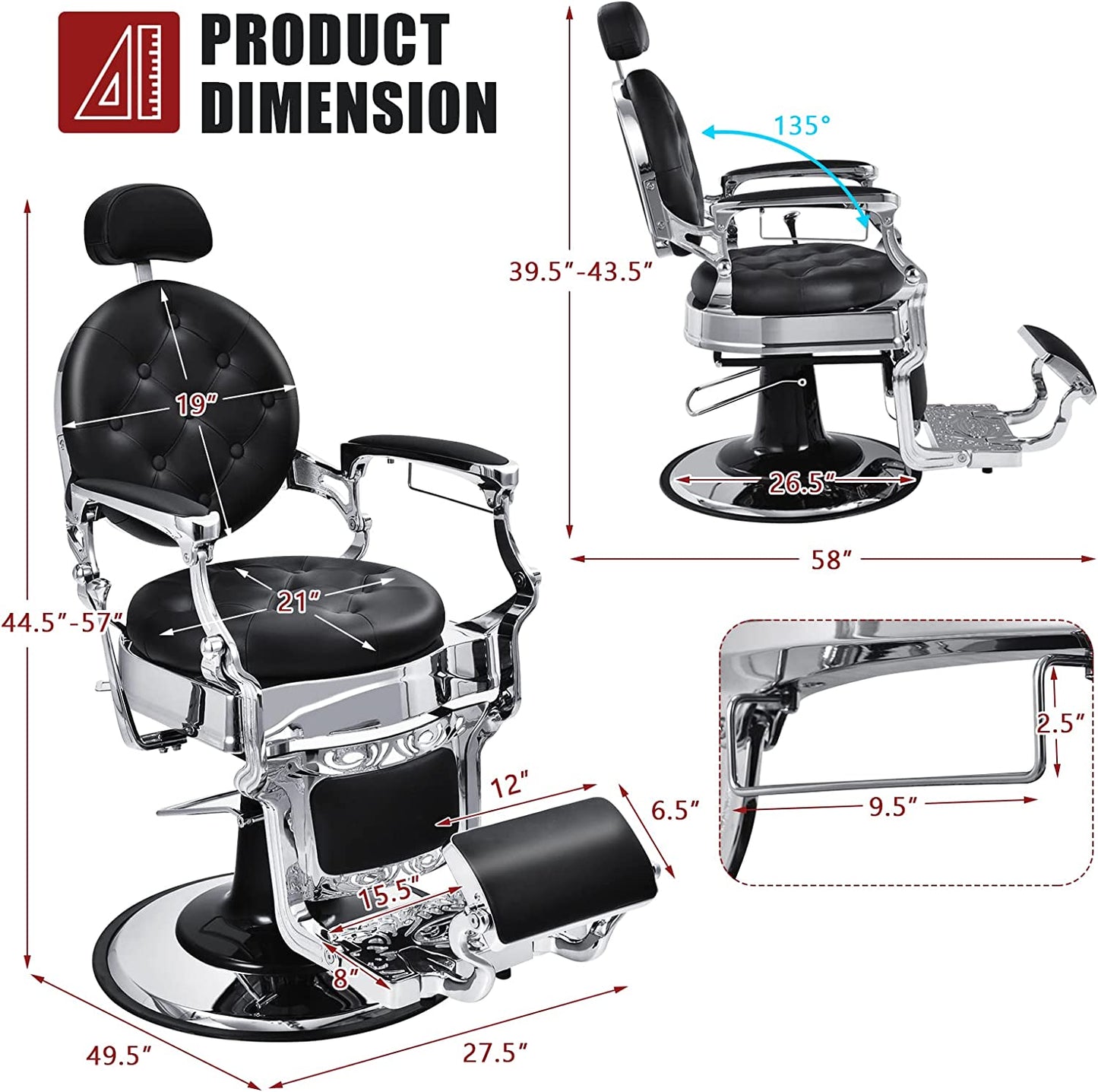 Vintage Barber Chair 360° Swivel Reclining Chair Makeup Hair Salon Chairs with Adjustable Height and Detachable Headrest