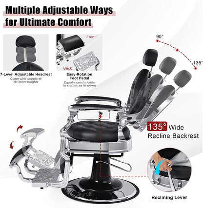 Vintage Barber Chair 360° Swivel Reclining Chair Makeup Hair Salon Chairs with Adjustable Height and Detachable Headrest