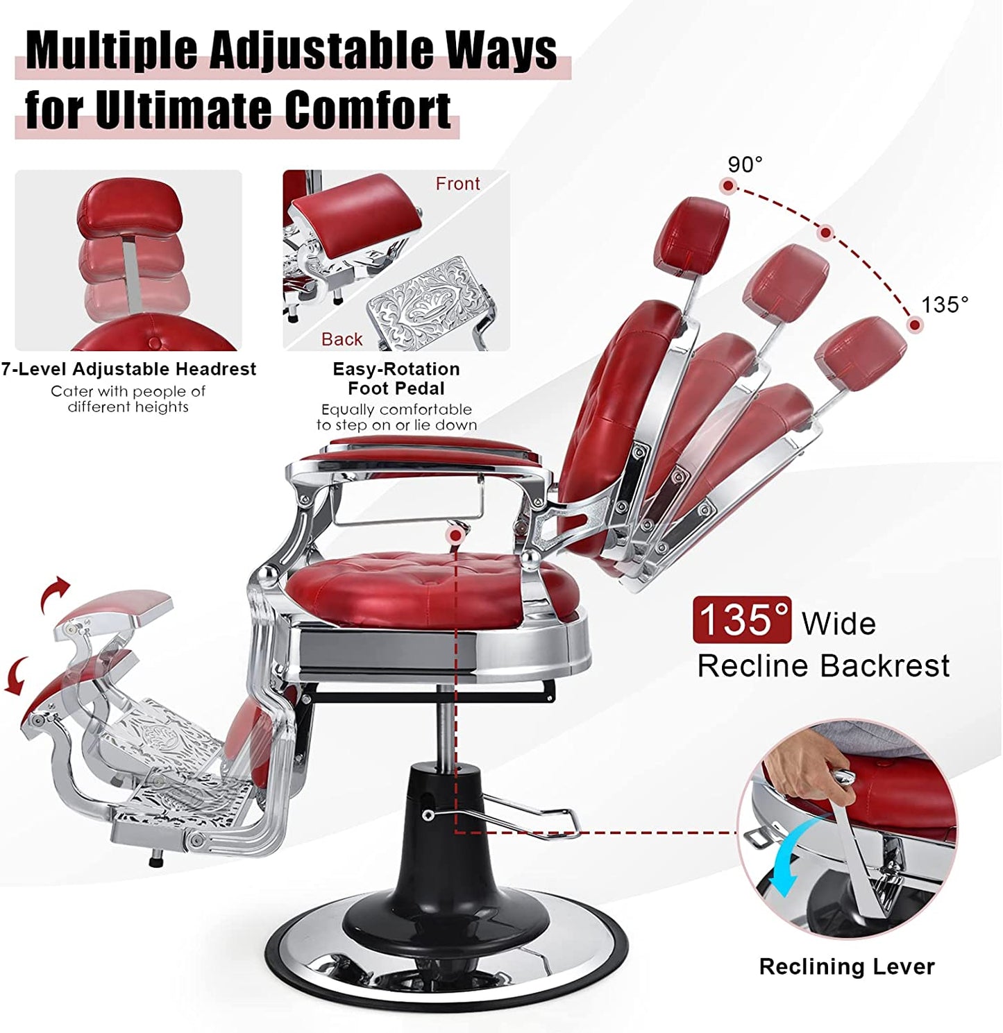 Vintage Barber Chair 360° Swivel Reclining Chair Makeup Hair Salon Chairs with Adjustable Height and Detachable Headrest