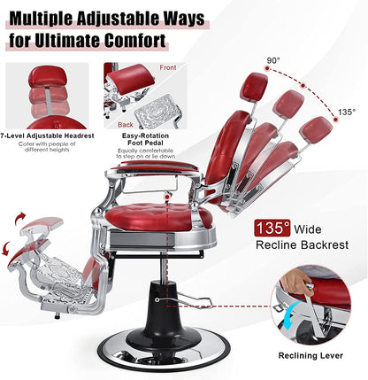Vintage Barber Chair 360° Swivel Reclining Chair Makeup Hair Salon Chairs with Adjustable Height and Detachable Headrest