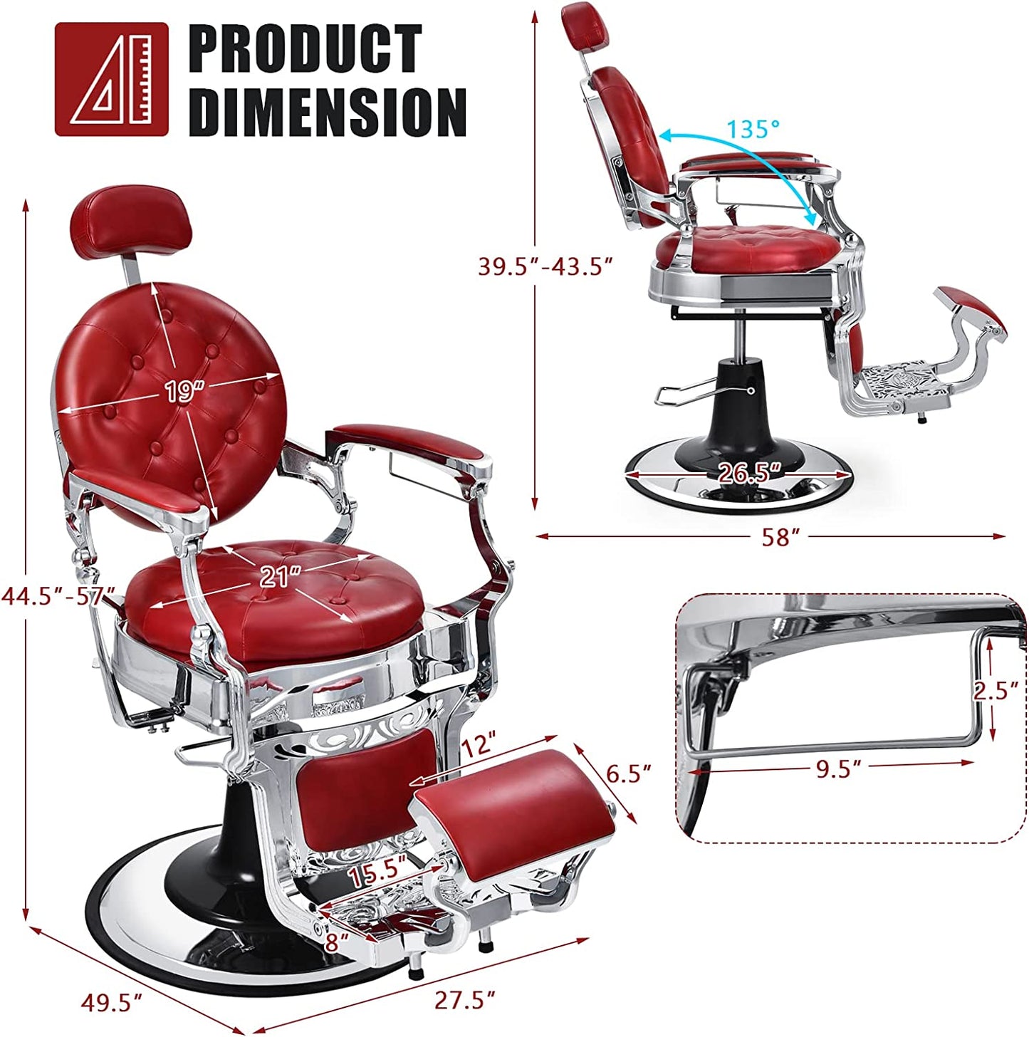 Vintage Barber Chair 360° Swivel Reclining Chair Makeup Hair Salon Chairs with Adjustable Height and Detachable Headrest