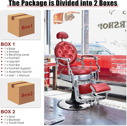 Vintage Barber Chair 360° Swivel Reclining Chair Makeup Hair Salon Chairs with Adjustable Height and Detachable Headrest