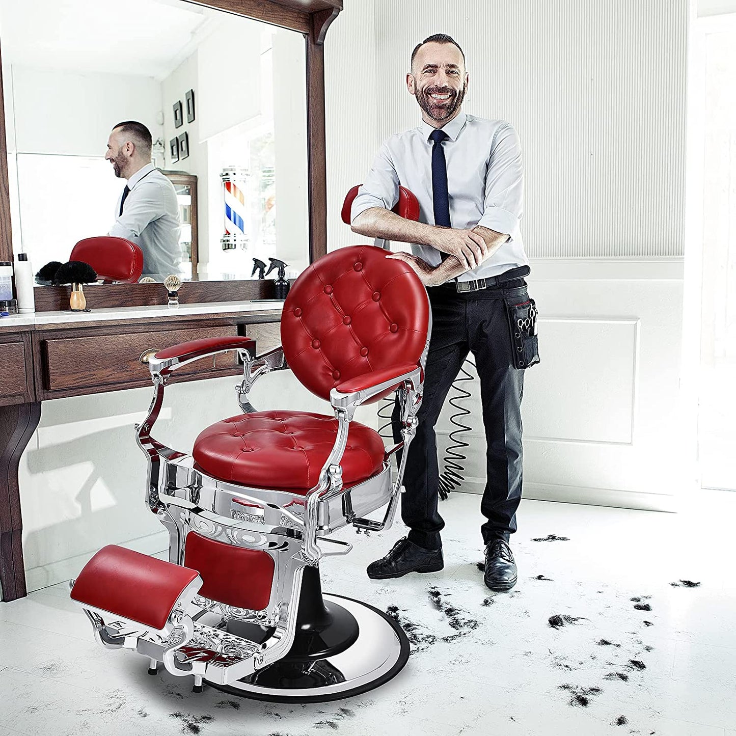 Vintage Barber Chair 360° Swivel Reclining Chair Makeup Hair Salon Chairs with Adjustable Height and Detachable Headrest