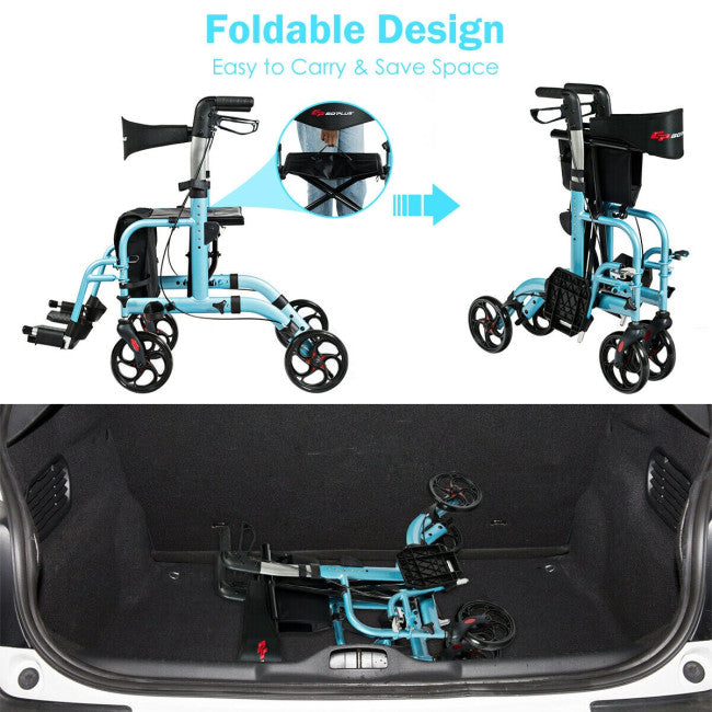 2-in-1 Aluminum Wheelchair Folding 4-Wheel Walker Rollator With Adjustable Handles and Detachable Storage Bag