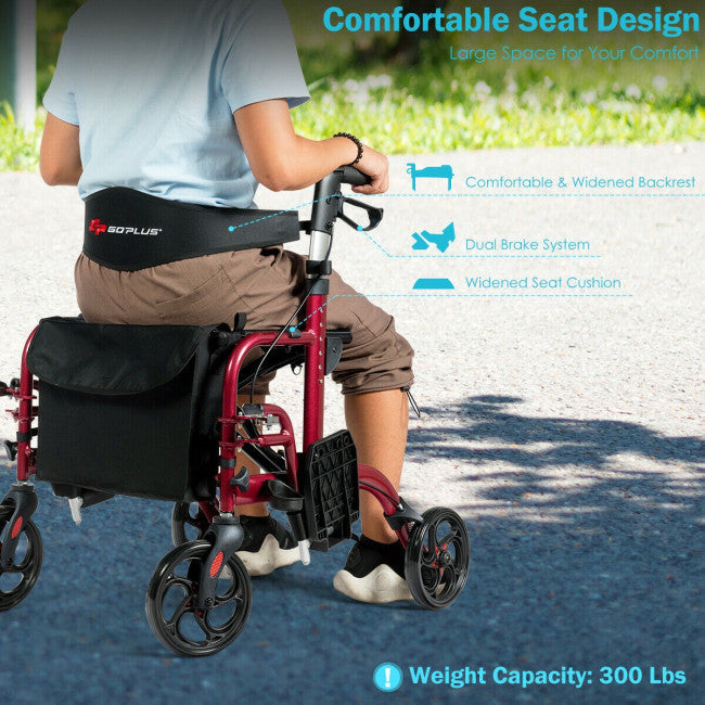 2-in-1 Aluminum Wheelchair Folding 4-Wheel Walker Rollator With Adjustable Handles and Detachable Storage Bag