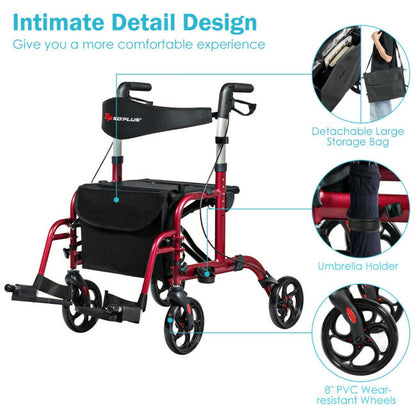 2-in-1 Aluminum Wheelchair Folding 4-Wheel Walker Rollator With Adjustable Handles and Detachable Storage Bag