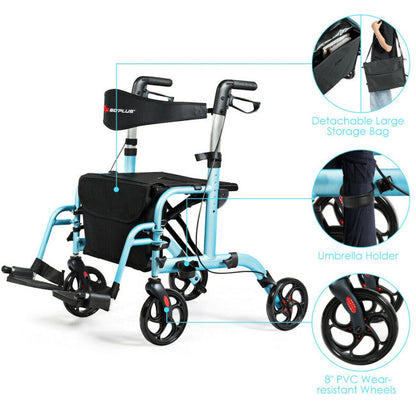 2-in-1 Aluminum Wheelchair Folding 4-Wheel Walker Rollator With Adjustable Handles and Detachable Storage Bag