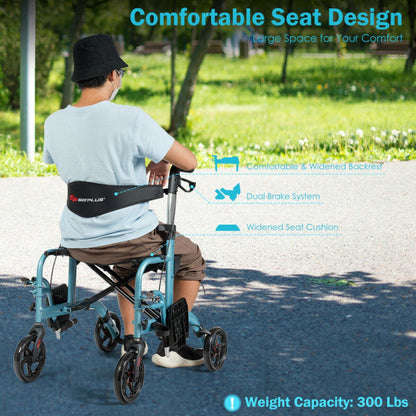 2-in-1 Aluminum Wheelchair Folding 4-Wheel Walker Rollator With Adjustable Handles and Detachable Storage Bag