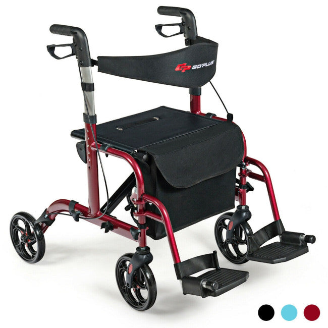 2-in-1 Aluminum Wheelchair Folding 4-Wheel Walker Rollator With Adjustable Handles and Detachable Storage Bag