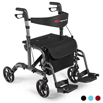 2-in-1 Aluminum Wheelchair Folding 4-Wheel Walker Rollator With Adjustable Handles and Detachable Storage Bag