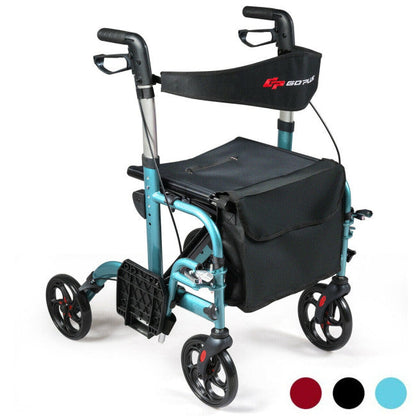 2-in-1 Aluminum Wheelchair Folding 4-Wheel Walker Rollator With Adjustable Handles and Detachable Storage Bag