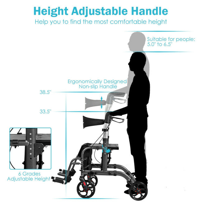 2-in-1 Aluminum Wheelchair Folding 4-Wheel Walker Rollator With Adjustable Handles and Detachable Storage Bag