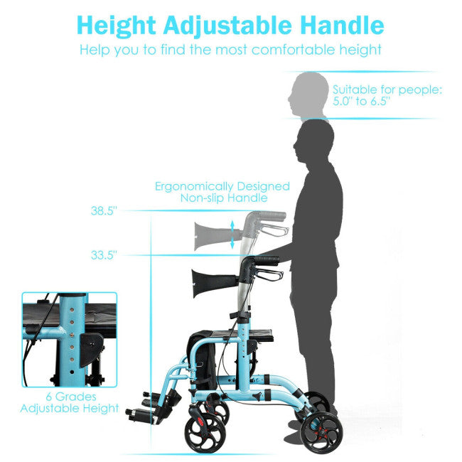 2-in-1 Aluminum Wheelchair Folding 4-Wheel Walker Rollator With Adjustable Handles and Detachable Storage Bag