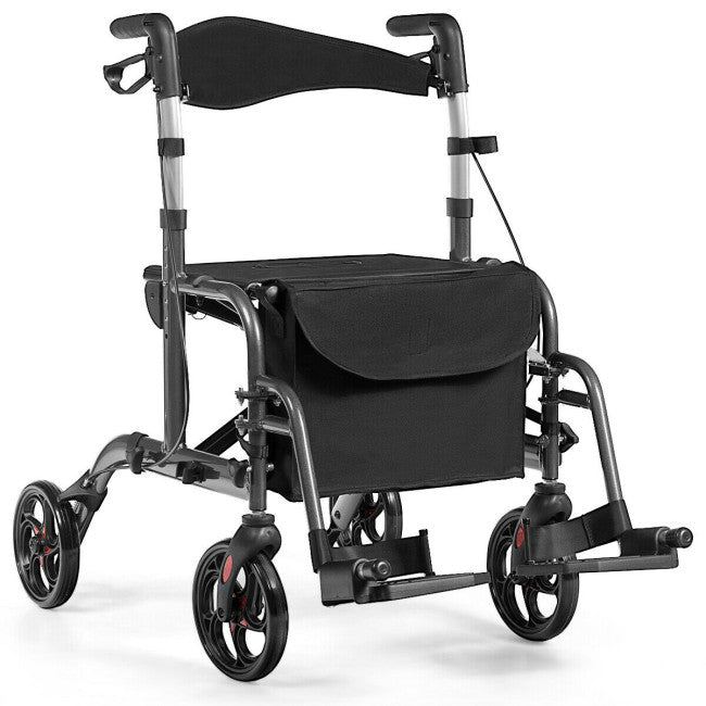 2-in-1 Aluminum Wheelchair Folding 4-Wheel Walker Rollator With Adjustable Handles and Detachable Storage Bag