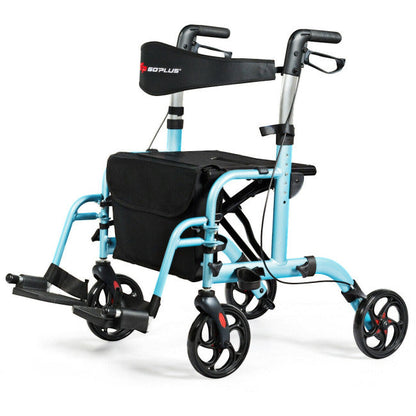 2-in-1 Aluminum Wheelchair Folding 4-Wheel Walker Rollator With Adjustable Handles and Detachable Storage Bag