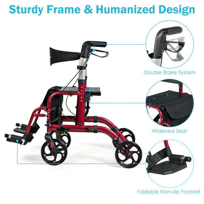 2-in-1 Aluminum Wheelchair Folding 4-Wheel Walker Rollator With Adjustable Handles and Detachable Storage Bag