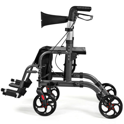 2-in-1 Aluminum Wheelchair Folding 4-Wheel Walker Rollator With Adjustable Handles and Detachable Storage Bag