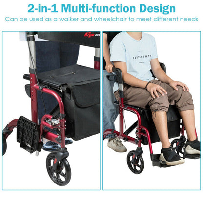 2-in-1 Aluminum Wheelchair Folding 4-Wheel Walker Rollator With Adjustable Handles and Detachable Storage Bag