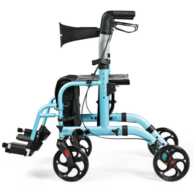 2-in-1 Aluminum Wheelchair Folding 4-Wheel Walker Rollator With Adjustable Handles and Detachable Storage Bag