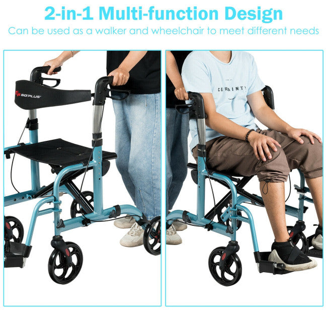 2-in-1 Aluminum Wheelchair Folding 4-Wheel Walker Rollator With Adjustable Handles and Detachable Storage Bag