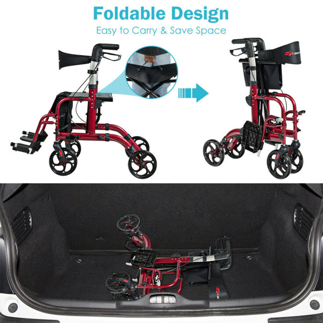 2-in-1 Aluminum Wheelchair Folding 4-Wheel Walker Rollator With Adjustable Handles and Detachable Storage Bag