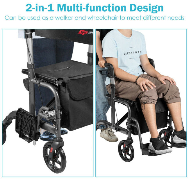 2-in-1 Aluminum Wheelchair Folding 4-Wheel Walker Rollator With Adjustable Handles and Detachable Storage Bag