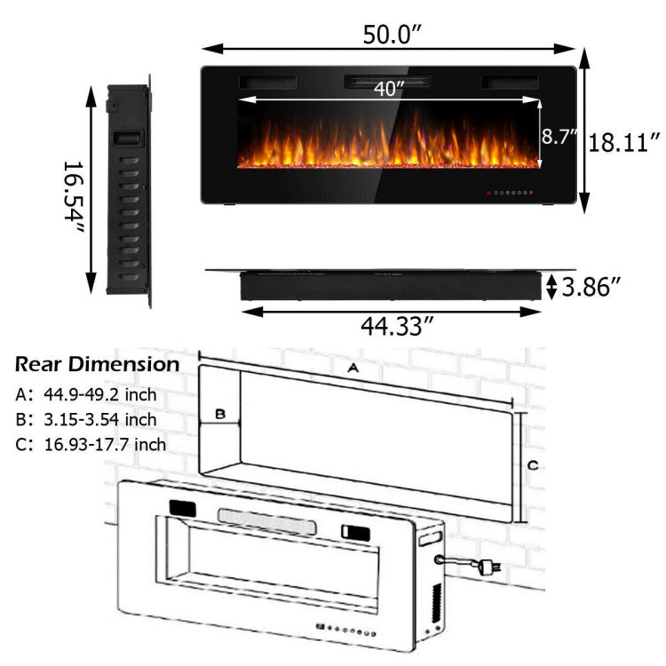 50 Inches Recessed Electric Fireplace Ultra Thin Wall Mounted Electric Heater with Remote Control and Timer