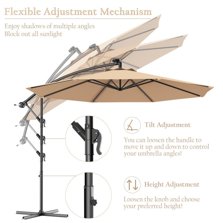 UmbrellaShade - 10 Foot Cantilever Patio Umbrella with Solar Lights and Cross Base