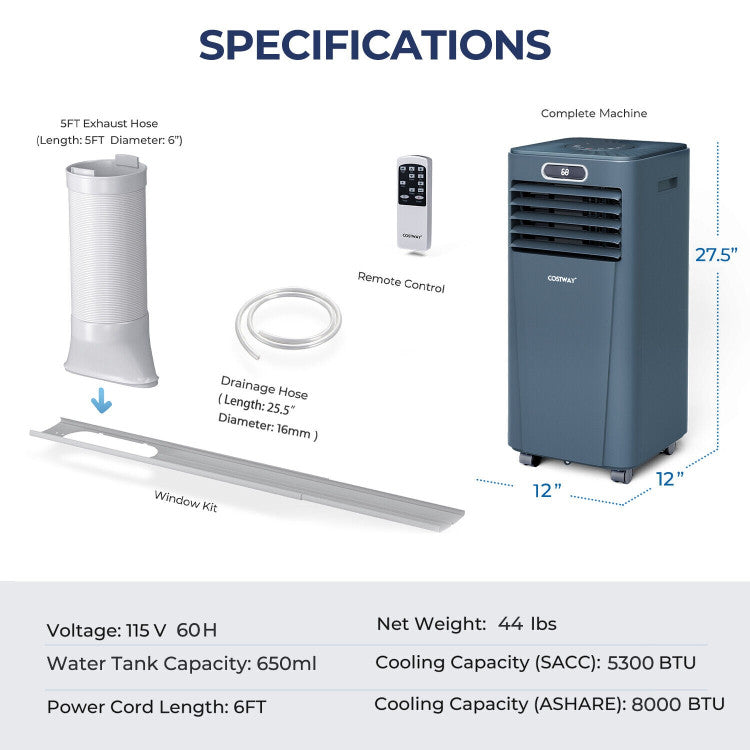 8000 BTU(Ashrae) 3-in-1 Portable Air Conditioner with Remote Control