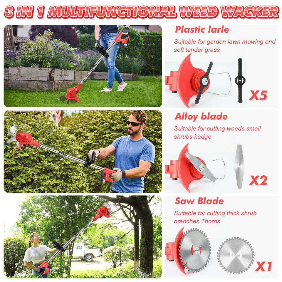 Liteler 21V Cordless Grass String Trimmer – 850W, 2 Batteries + Charger, 5.9 Inch Cut, Edger Blade Set