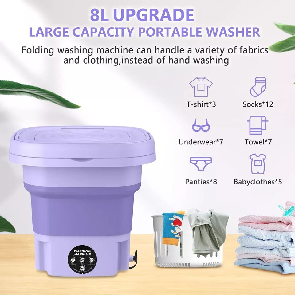 8L Portable Small Foldable Mini Washing Machine with Spin Dryer For Socks, Underwear, Panties