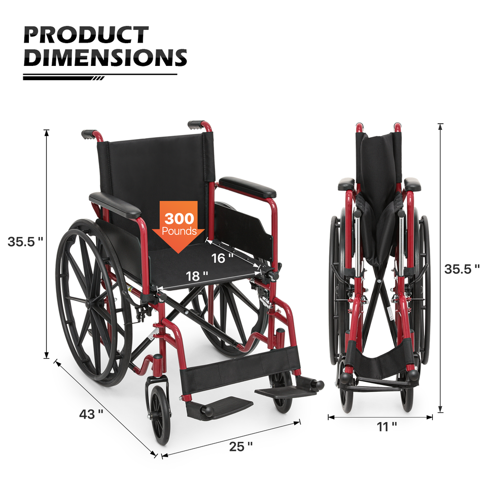 18"Folding Manual Wheelchair Flip Back Armrest Swing Away Footrest