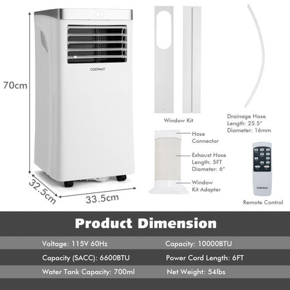 10000 BTU(Ashrae) 3-in-1 Portable Air Conditioner with Remote Control