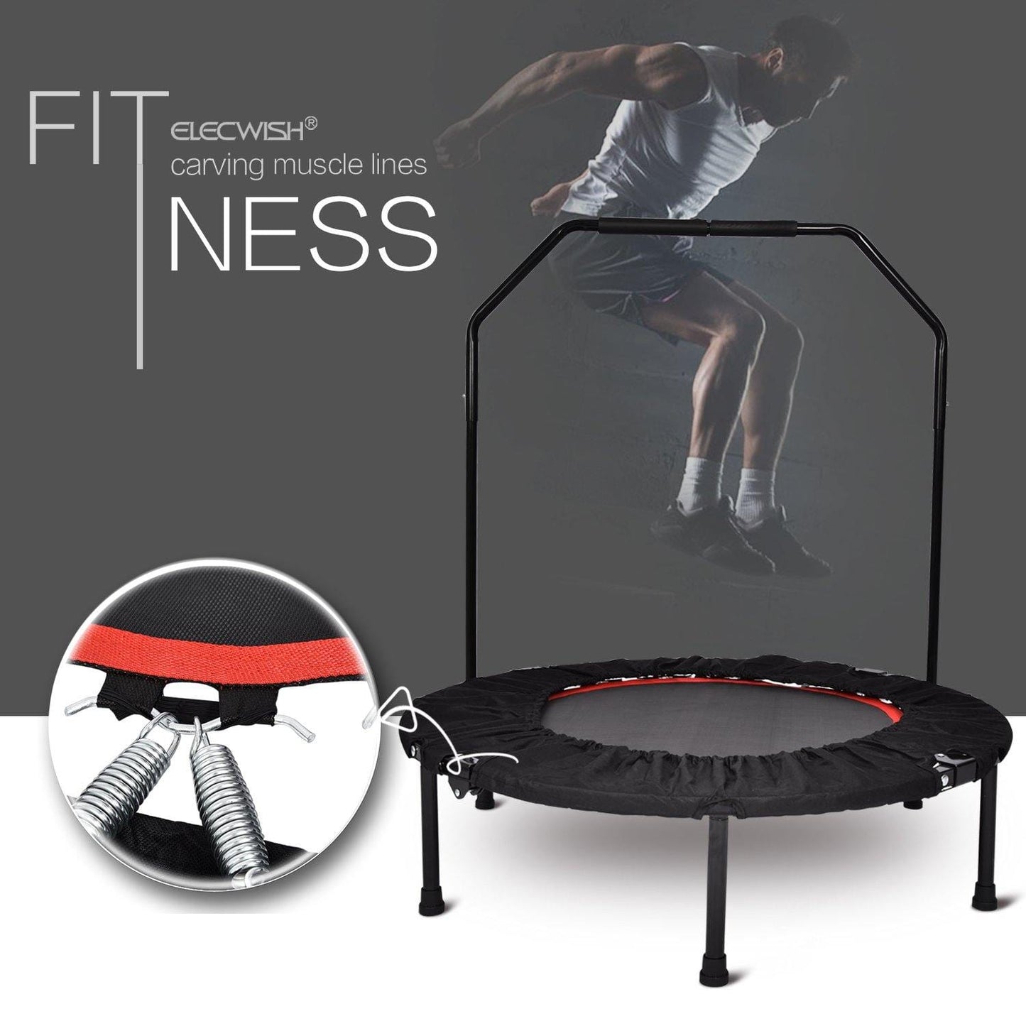 40" Mini Trampoline Rebounder, Portable & Foldable Exercise Trampoline With Handrail For Adults Kids Body Fitness Training Workouts, Indoor/Garden/Workout Cardio - Westfield Retailers