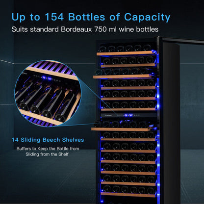 Refrigerador enfriador de vino independiente para 154 botellas, bodega de bebidas de doble zona de 23,5 pulgadas con función de memoria de temperatura 