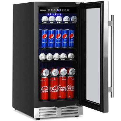 15 Inch Beverage Cooler Refrigerator 100 Can Built-in or Freestanding Wine Fridge with LED Lights and Adjustable Shelf