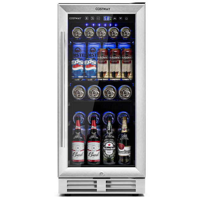 15 Inch Beverage Cooler Refrigerator 100 Can Built-in or Freestanding Wine Fridge with LED Lights and Adjustable Shelf