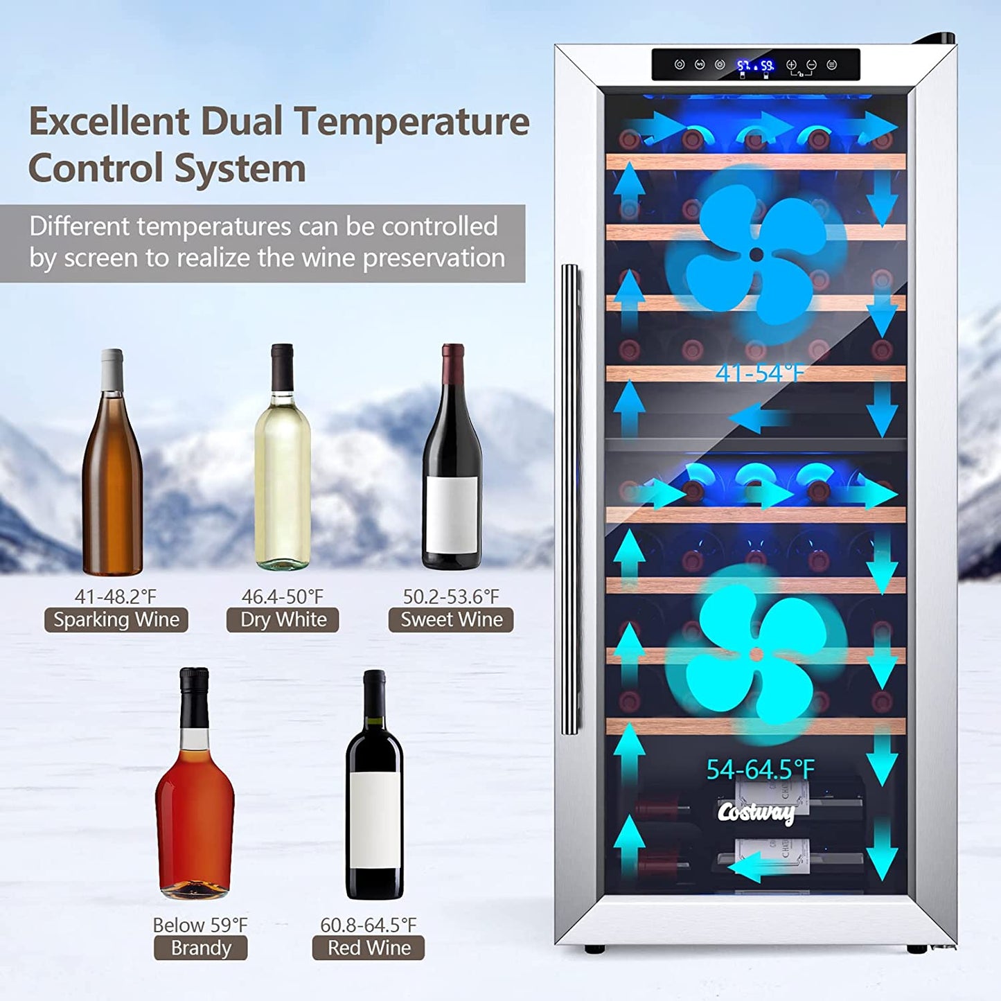Enfriador de vino y bebidas integrado o independiente de 20 pulgadas, refrigerador de vino de doble zona para 43 botellas con 8 estantes de madera
