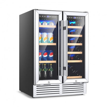 24 Inch Stainless Steel Dual Zone Wine and Beverage Cooler, 2-IN-1 Wine Refrigerator with LED Light