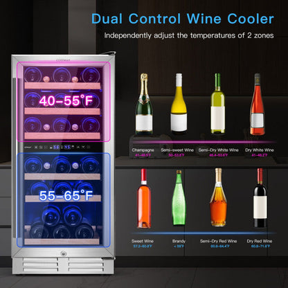 Refrigerador independiente para vino de 30 botellas, refrigerador para bebidas de doble zona de 15 pulgadas con memoria de temperatura