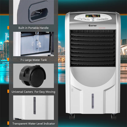 Ventilador enfriador evaporativo portátil 5 en 1 con humidificador y purificador calefactor, temporizador de 8 horas, 3 velocidades, tanque de 7 litros, control remoto