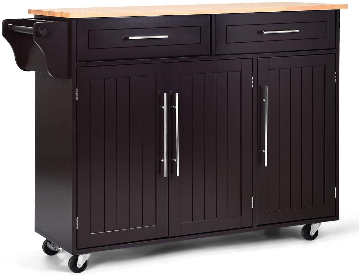Kitchen Island Storage Cabinet Trolley Wood Top Rolling Cart Bar Serving Utility Cart with Drawers and Towel Rack