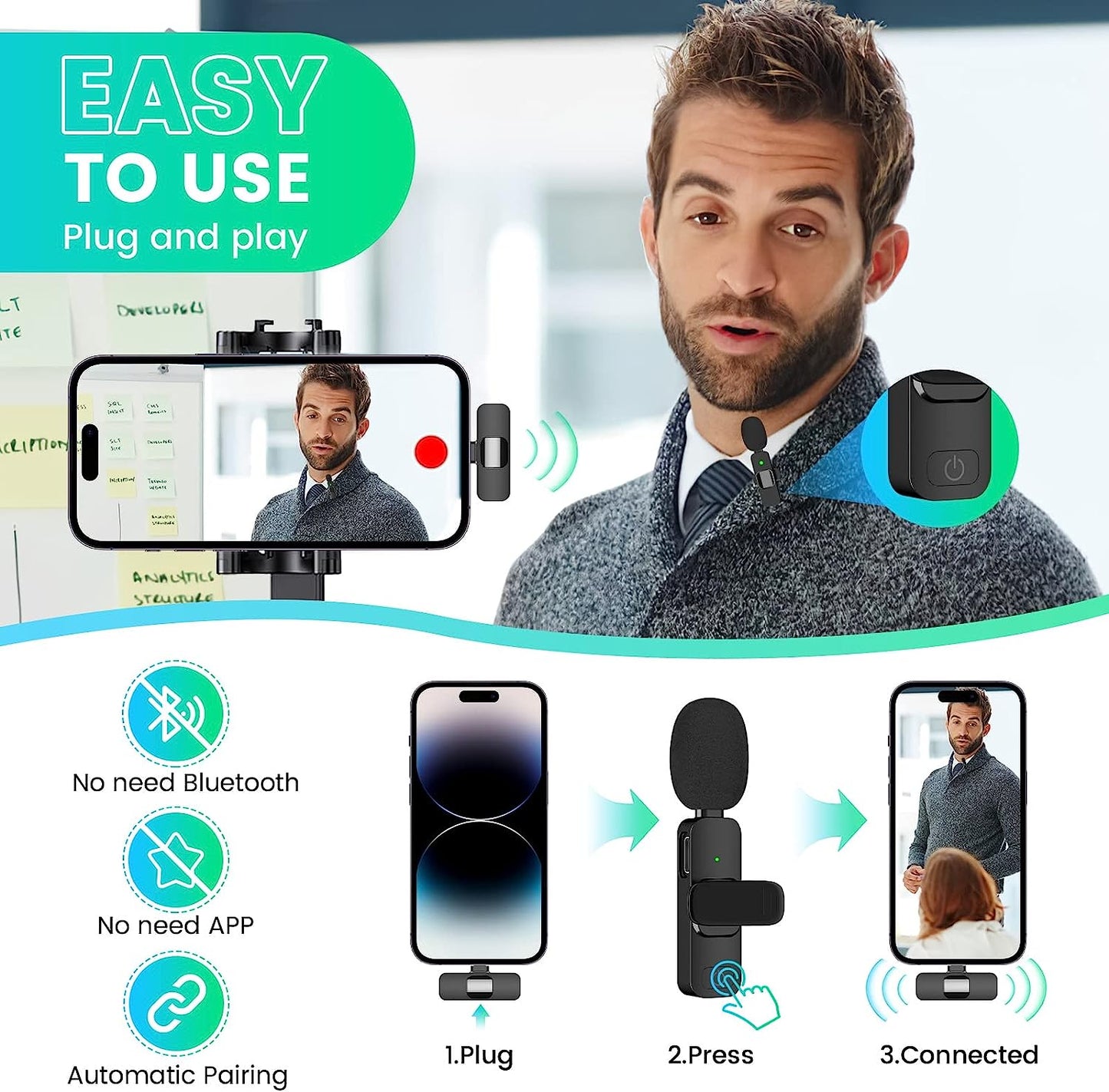 Wireless Min Lavalier Microphone for iPhone, Android