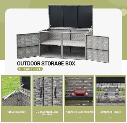 88 Gallon Patio Wicker Storage Box Rattan Deck Bench with Openable Door