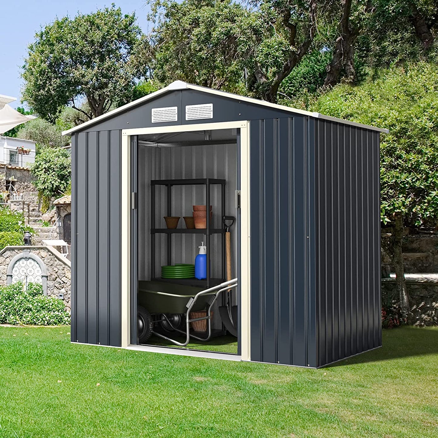 7 x 4 FT Outdoor Patio Metal Storage Shed Building Organizer with Double Sliding Doors and 4 Vents