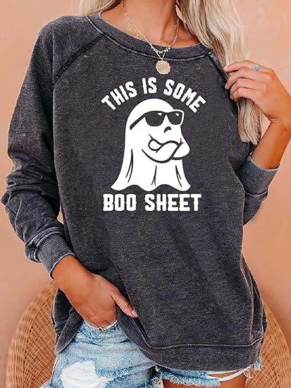 Women's Halloween This Is Some Boo Sheet Printed Crew Neck Long Sleeve Sweatshirt