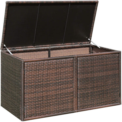 Caja de almacenamiento de mimbre para patio de 88 galones, banco de cubierta de ratán con puerta que se puede abrir